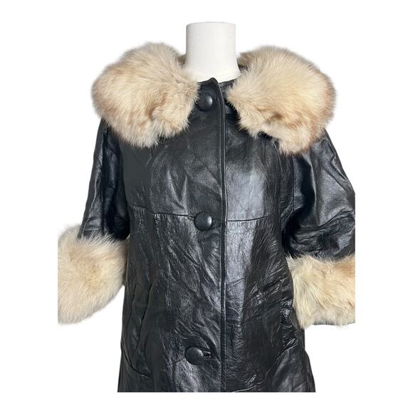 Vintage Fox Fur & Leather Trench Coat Stroller Spy Overcoat Retro Medium MCM - Picture 2 of 7